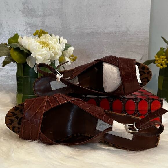 NEW RARE Spiegel Leather Platform Slingback Wedges Chocolate Leopard Sz 5.5 NWP - Picture 10 of 16
